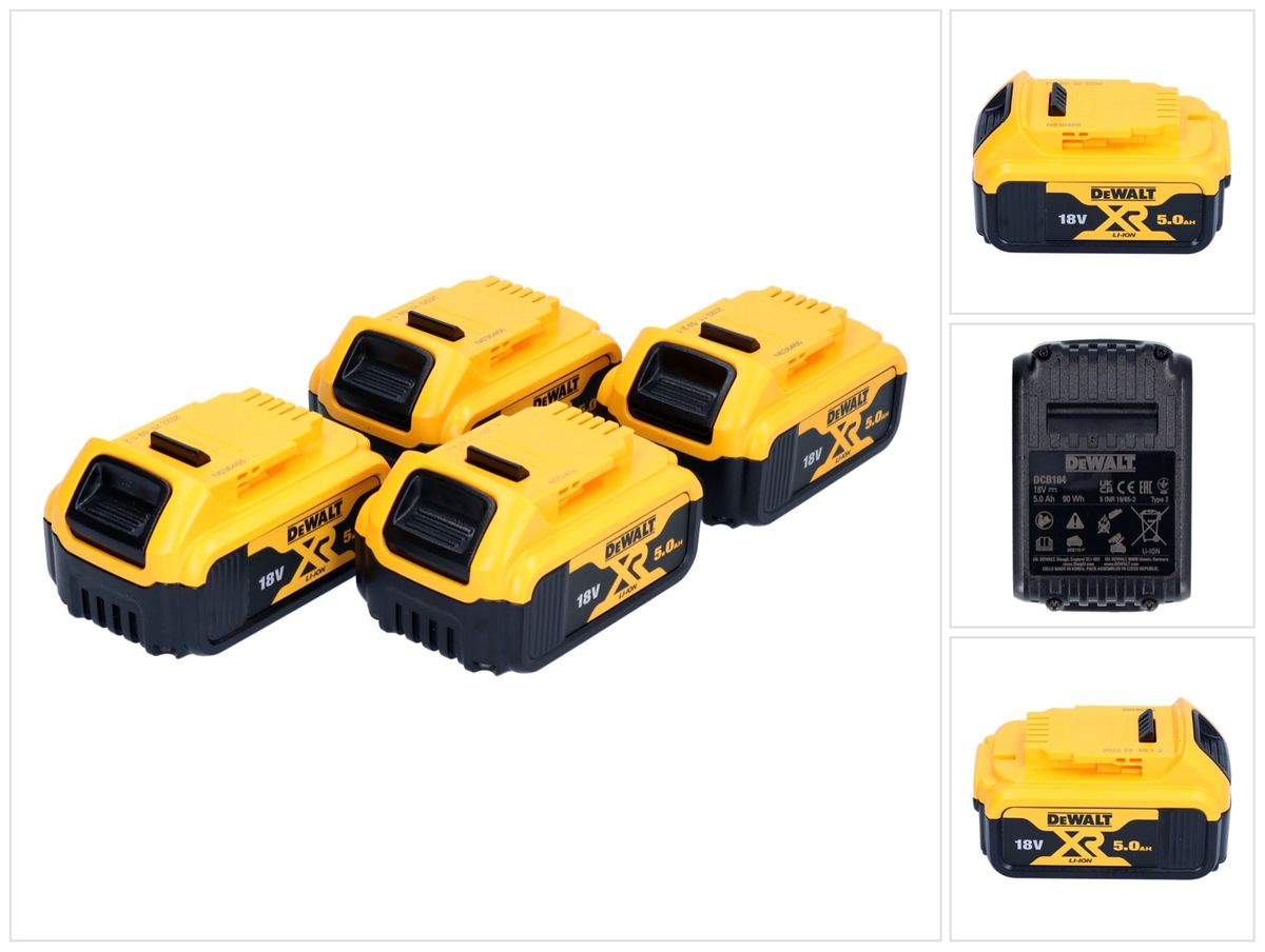 Batterie DeWalt DCB 184 P4 18 V 5,0 Ah / 5000 mAh 4 pièces XR Li-Ion - avec indicateur de niveau de charge.