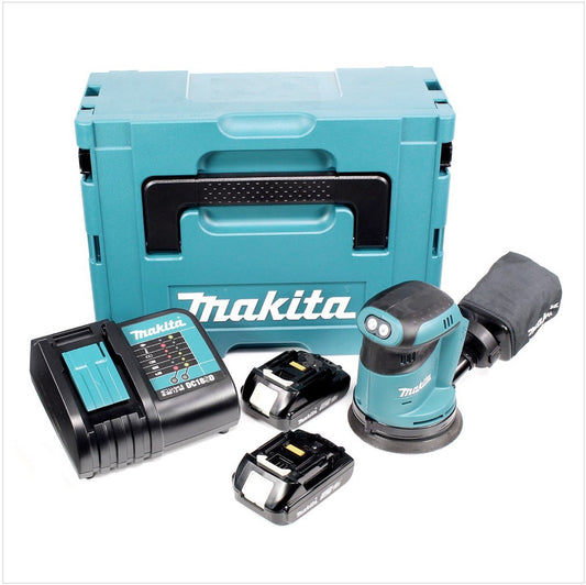 Makita DBO 180 SAJ Akku Exzenterschleifer 18 V 125 mm + 2x Akku 2,0 Ah + Ladegerät + Makpac - Toolbrothers