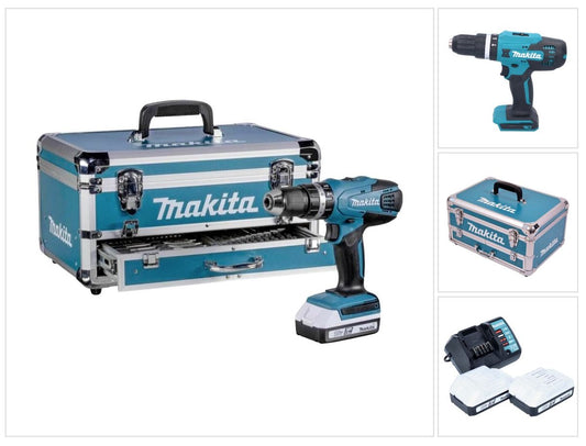 Makita HP 488 D009 perceuse à percussion sans fil 18 V 42 Nm série G + 2 batteries 1,5 Ah + chargeur + jeu d'accessoires 70 pièces + mallette