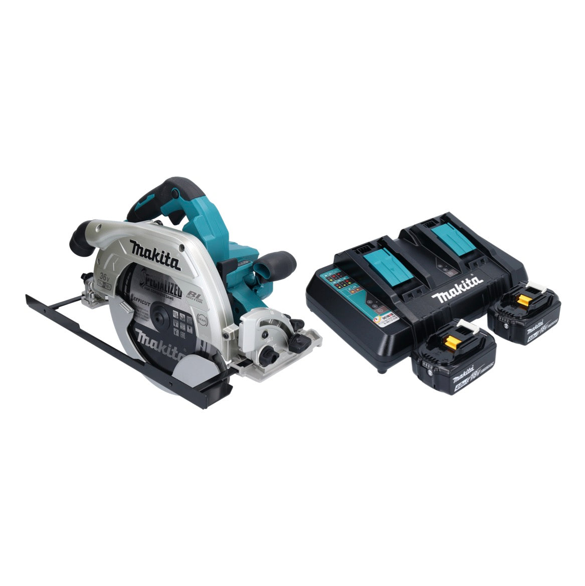 Makita DHS 900 PM2U Akku Handkreissäge 36 V ( 2x 18 V ) 235 mm Brushless + 2x Akku 4,0 Ah + Doppel Ladegerät + Bluetooth Adapter