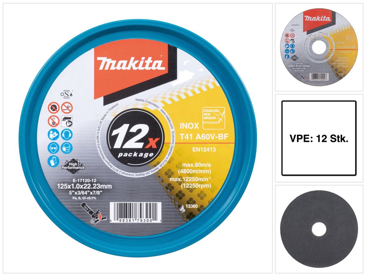 Makita E-17120-12 disques à tronçonner INOX 125 x 1,0 x 22,23 mm A60V-BF 12 pièces dans une boîte