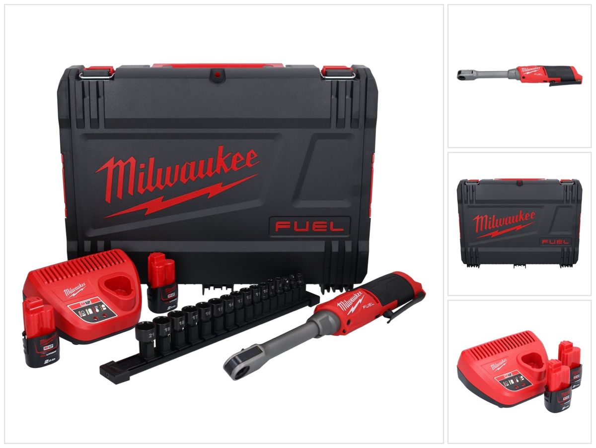 Batterie Milwaukee M12 FPTR-202X à cliquet 12 V 81 Nm 1/4" 3/8" brushless (4933480754) + 2x batterie 2,0 Ah + chargeur + boîtier HD