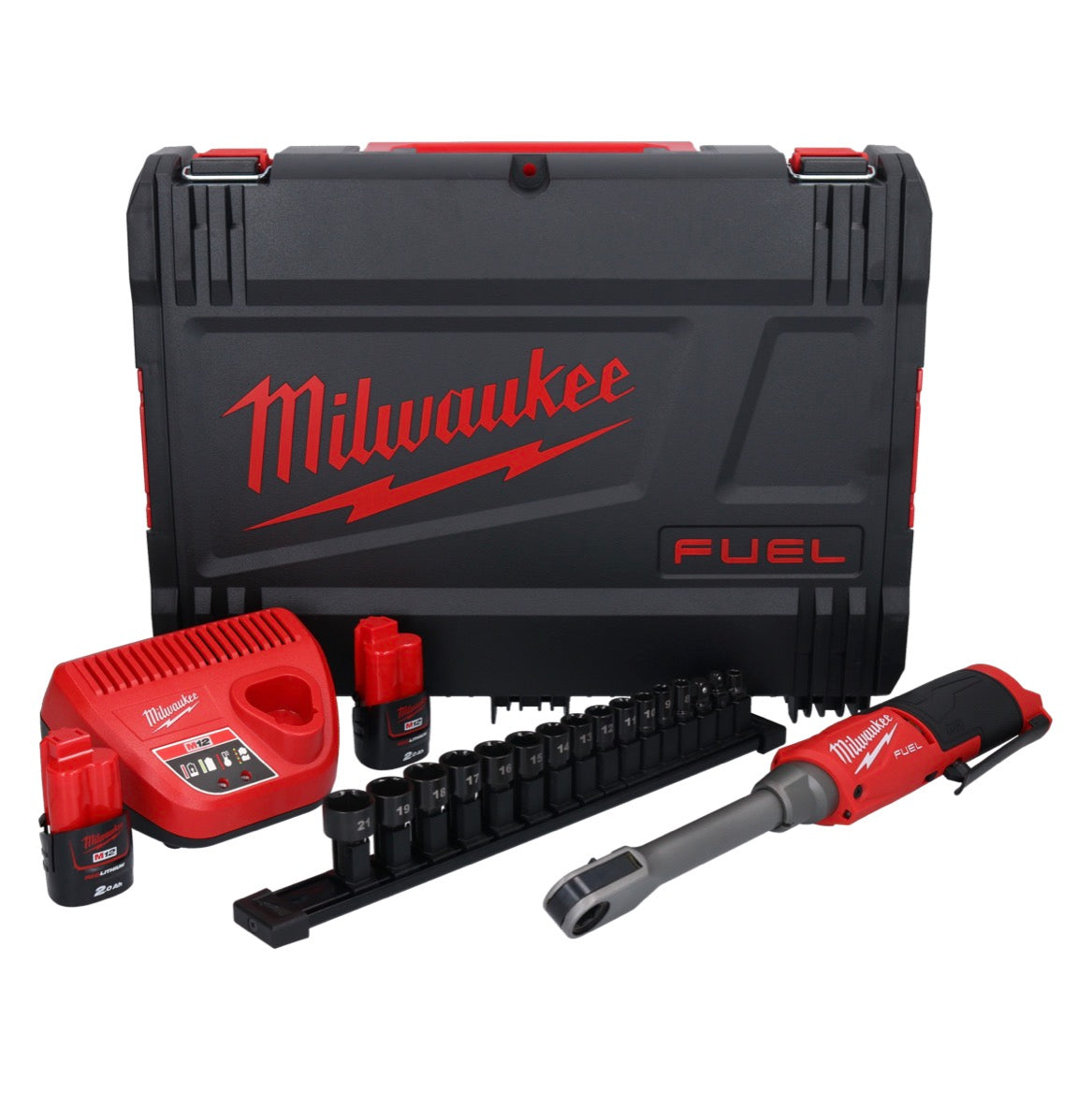 Batterie Milwaukee M12 FPTR-202X à cliquet 12 V 81 Nm 1/4" 3/8" brushless (4933480754) + 2x batterie 2,0 Ah + chargeur + boîtier HD