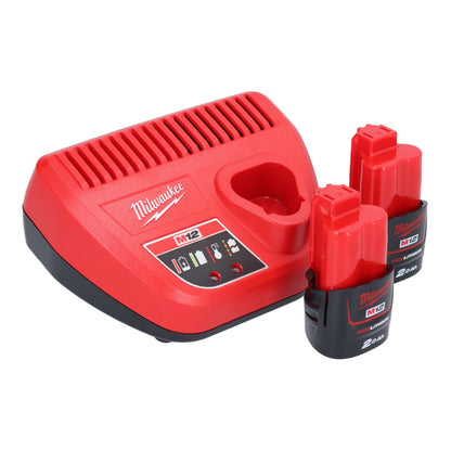 Batterie Milwaukee M12 FPTR-202X à cliquet 12 V 81 Nm 1/4" 3/8" brushless (4933480754) + 2x batterie 2,0 Ah + chargeur + boîtier HD