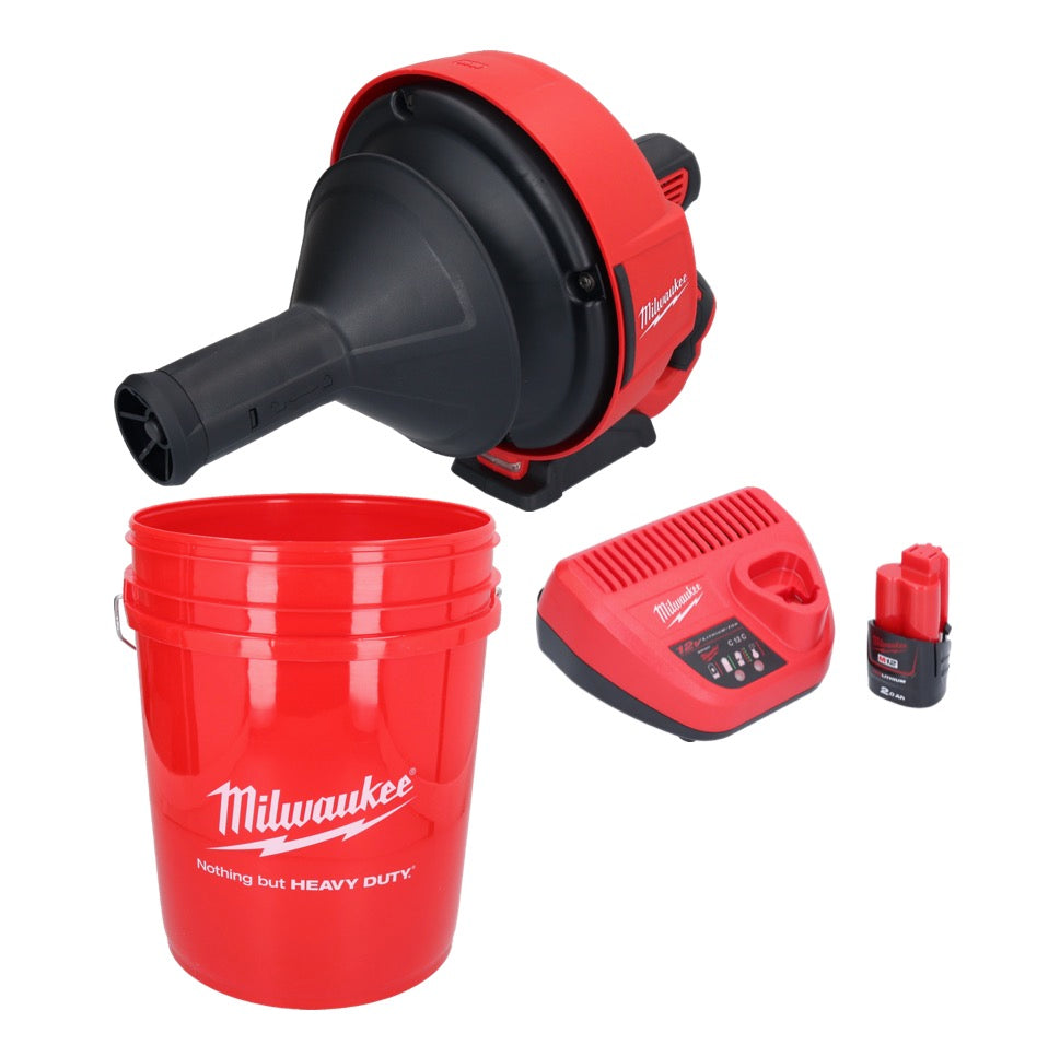 Appareil de nettoyage de tuyaux sur batterie Milwaukee M12 BDC6-201C 12 V + 1x batterie 2,0 Ah + chargeur + spirale + seau