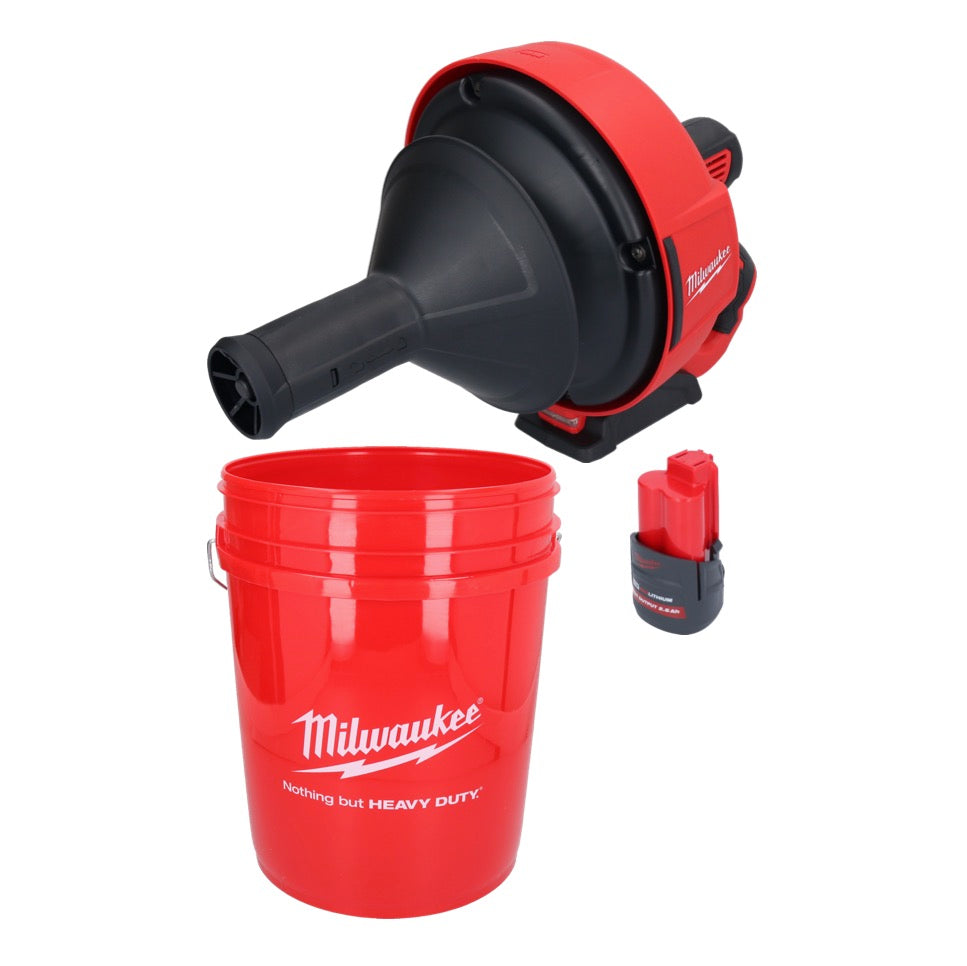 Appareil de nettoyage de tuyaux sur batterie Milwaukee M12 BDC6-251C 12 V + 1x batterie 2,5 Ah + spirale + seau - sans chargeur