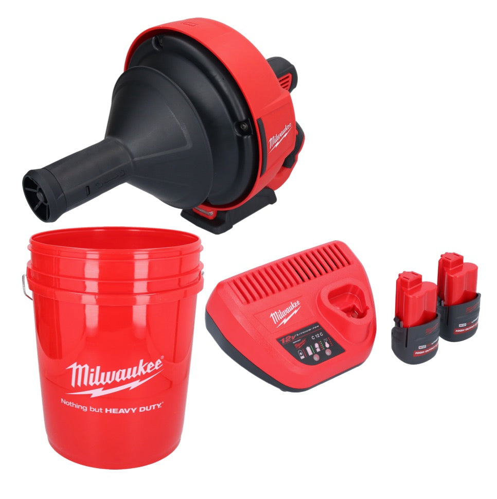 Appareil de nettoyage de tuyaux sur batterie Milwaukee M12 BDC6-252C 12 V + 2x batteries 2,5 Ah + chargeur + spirale + seau