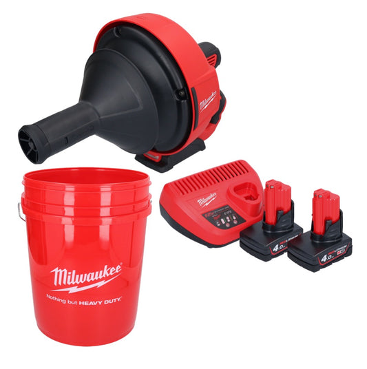 Appareil de nettoyage de tuyaux sur batterie Milwaukee M12 BDC6-402C 12 V + 2x batteries 4,0 Ah + chargeur + spirale + seau