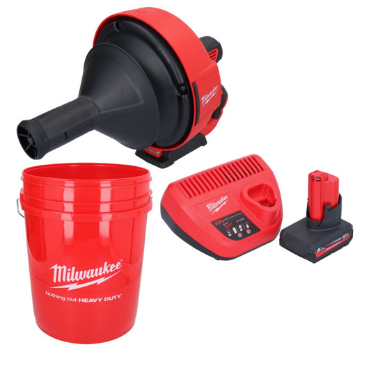 Appareil de nettoyage de tuyaux sur batterie Milwaukee M12 BDC6-501C 12 V + 1x batterie 5,0 Ah + chargeur + spirale + seau