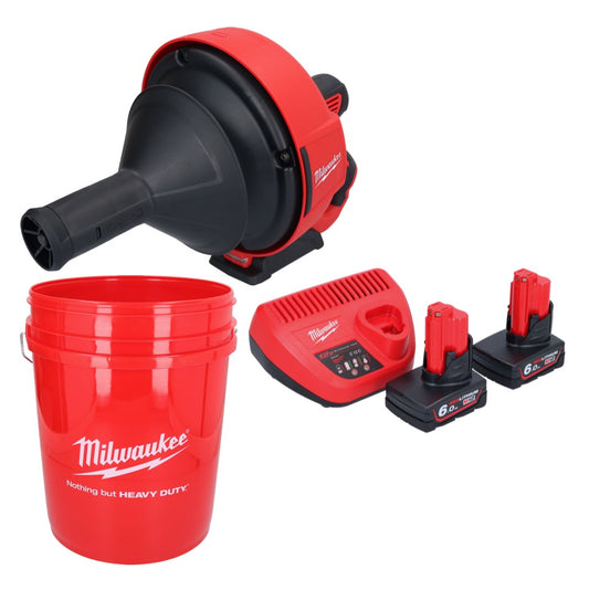 Milwaukee M12 BDC6-602C Akku Rohrreinigungsgerät 12 V + 2x Akku 6,0 Ah + Ladegerät + Spirale + Eimer