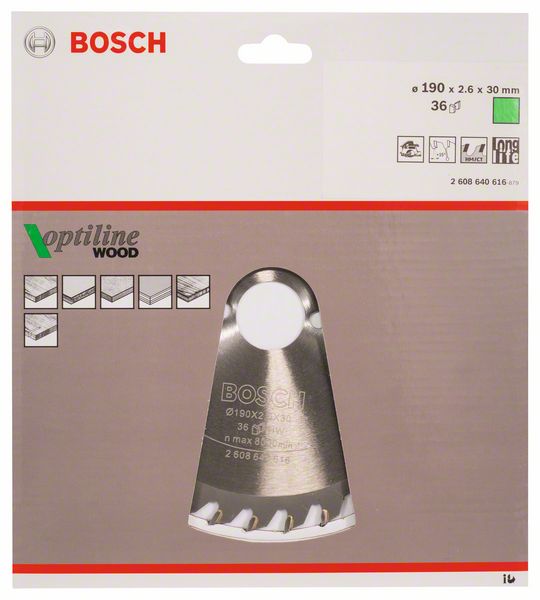 Lame de scie circulaire BOSCH Optiline Wood diamètre extérieur 190 mm nombre de dents 36 WZ (4000908913)