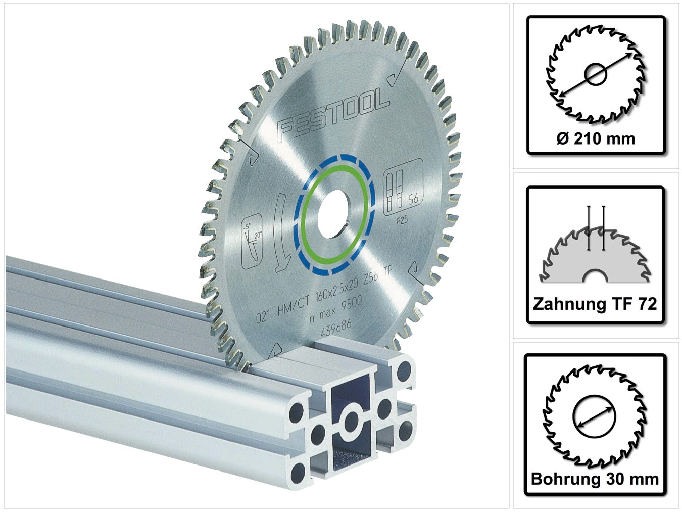 Lame de scie circulaire Festool HW 210x2,4x30 TF72 ALUMINIUM / PLASTIQUES ( 493201 ) 210 x 2,4 x 30 mm 72 dents pour panneaux et profilés aluminium, plexiglas, plastiques durs et renforcés de fibres