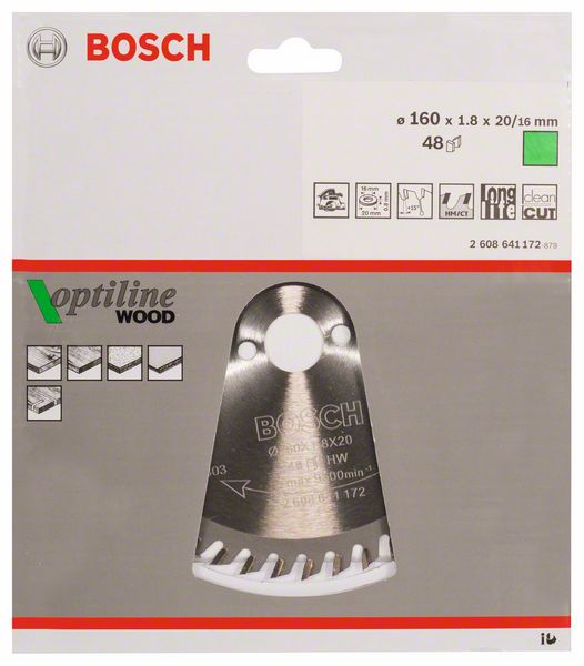 Lame de scie circulaire BOSCH Optiline Wood diamètre extérieur 160 mm nombre de dents 48 WZ (8000341993)