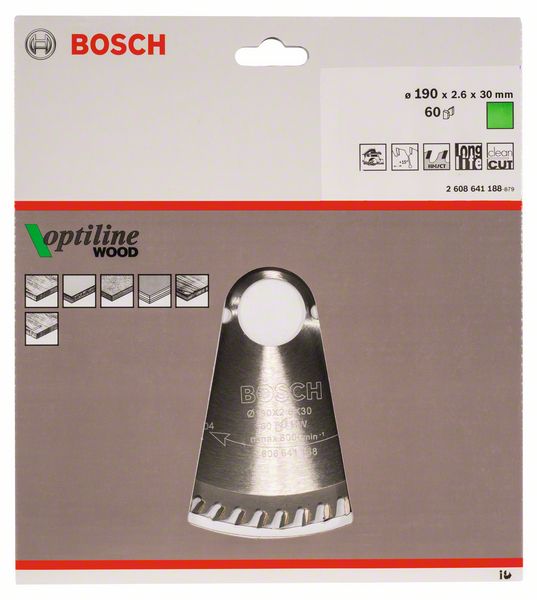 Lame de scie circulaire BOSCH Optiline Wood diamètre extérieur 190 mm nombre de dents 60 WZ (4000815440)