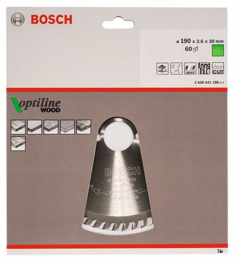 Lame de scie circulaire BOSCH Optiline Wood diamètre extérieur 190 mm nombre de dents 60 WZ (4000815440)