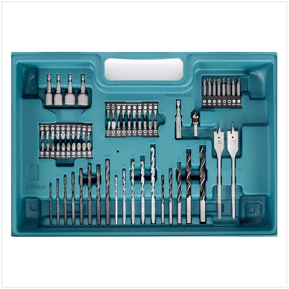 Makita HP 331 DWAX1 10,8 V Akku Schlagbohrschrauber + 2 x BL1020B 2 Ah Akkus + DC10WC Ladegerät + 74 teiliges Zubehörset - Toolbrothers