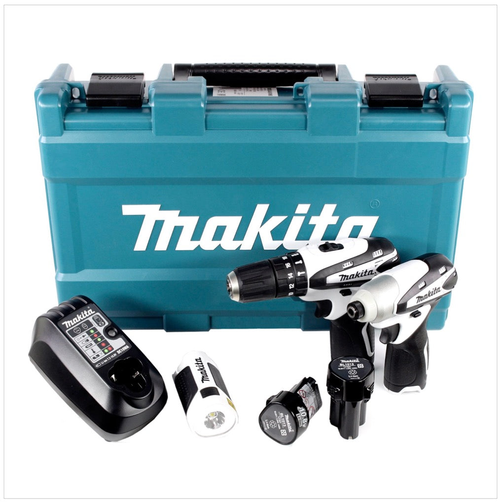 Makita DK 1486 W 10,8 V Set mit HP 330 D Schlagbohrschrauber + TD 090 D Schlagschrauber + ML 101 Lampe, Lader und 2x BL1013 Akku - Toolbrothers