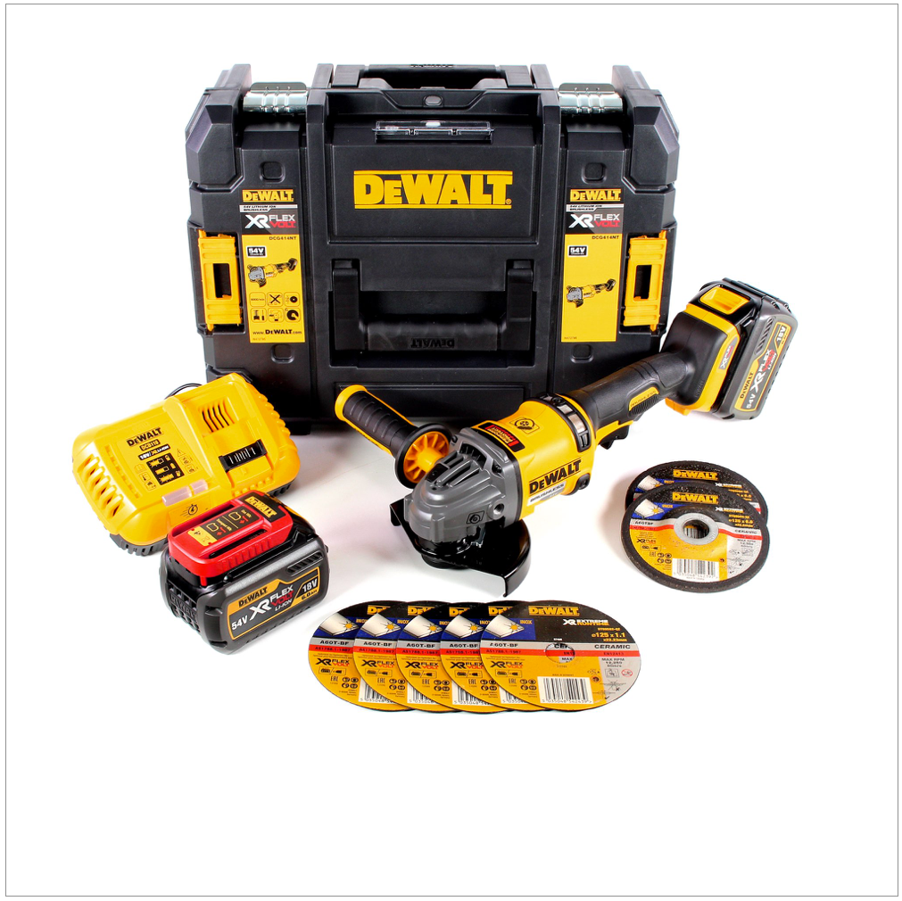 DeWalt DCG 414 T2 Akku Winkelschleifer 54 V XR Flexvolt 125 mm Brushless + 2x Akku 6,0 Ah + Ladegerät + 5x Edelstahl Trennscheibe + 2x Schruppscheibe + TSTAK - Toolbrothers