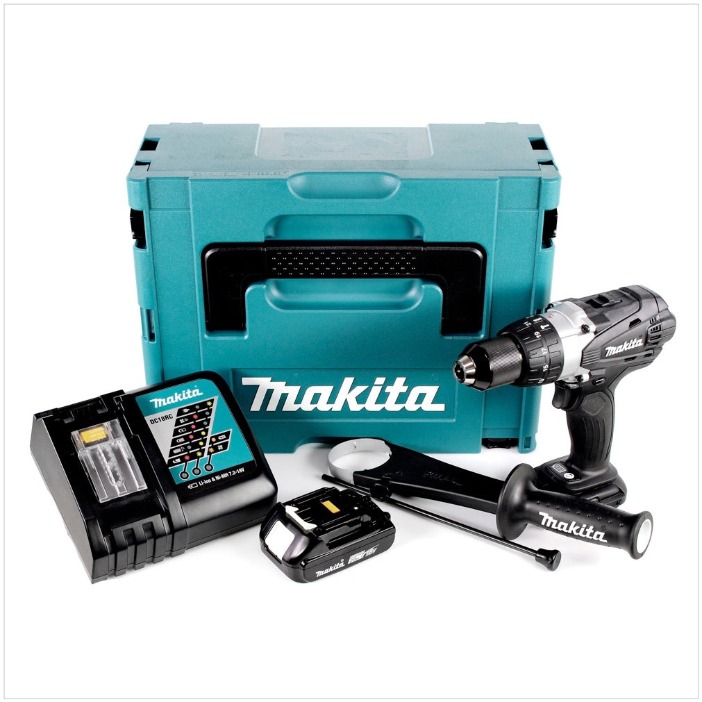 Makita DHP 458 RA1J B Akku Schlagbohrschrauber 18 V 91 Nm Schwarz + 1x Akku 2,0 Ah + Ladegerät + Makpac - Toolbrothers