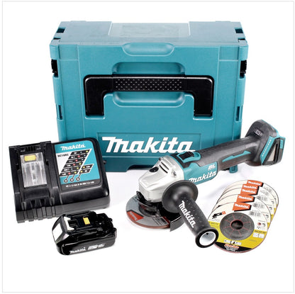 Makita DGA 456 RA1J Akku Winkelschleifer 18 V 115 mm Brushless + 1x Akku 2,0 Ah + Ladegerät + 6x Schruppscheibe + Makpac - Toolbrothers