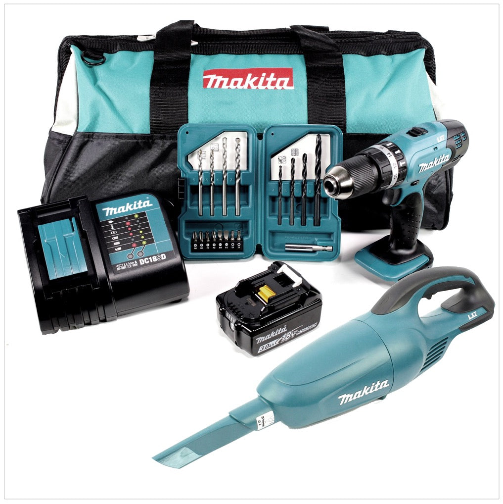 Makita DLX 2056 SX1 18 V - Set: DHP 453 Schlagbohrschrauber + DCL 180 Staubsauger + 1x 3,0 Ah Akku, Ladegerät in Werkzeugtasche - Toolbrothers