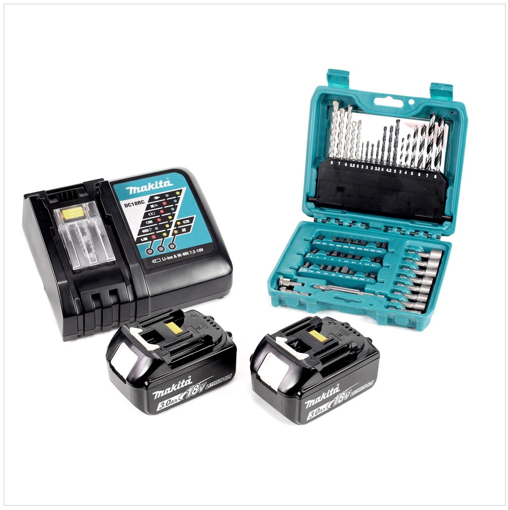 Makita DHP 453 RFJ Akku Schlagbohrschrauber 18V 42Nm im MAKPAC + 2x 3 Ah Akku + Ladegerät + 60 tlg. Bit und Bohrer Set - Toolbrothers