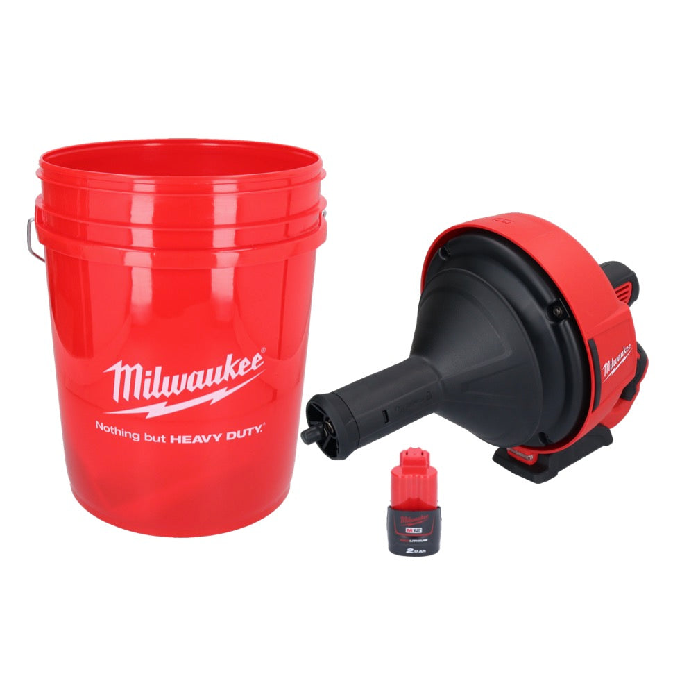 Appareil de nettoyage de tuyaux sur batterie Milwaukee M12 BDC8-201C 12 V + 1x batterie 2,0 Ah + spirale + seau - sans chargeur