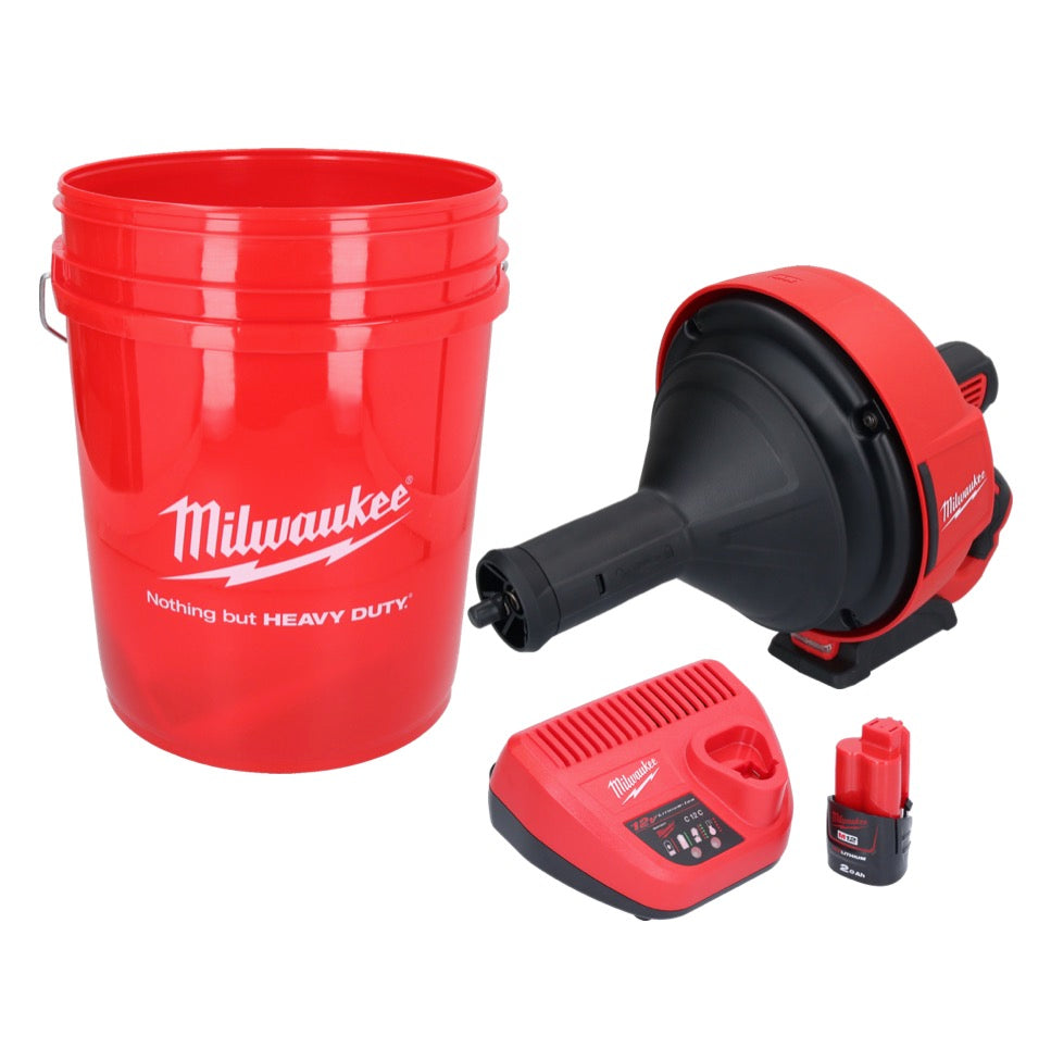 Appareil de nettoyage de tuyaux sur batterie Milwaukee M12 BDC8-201C 12 V + 1x batterie 2,0 Ah + chargeur + spirale + seau