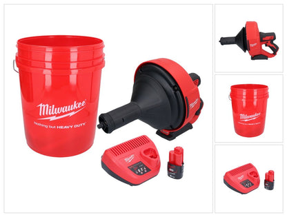 Appareil de nettoyage de tuyaux sur batterie Milwaukee M12 BDC8-201C 12 V + 1x batterie 2,0 Ah + chargeur + spirale + seau