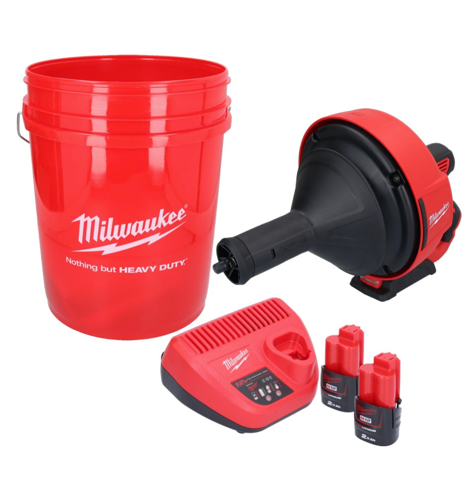 Appareil de nettoyage de tuyaux sur batterie Milwaukee M12 BDC8-202C 12 V + 2x batteries 2,0 Ah + chargeur + spirale + seau