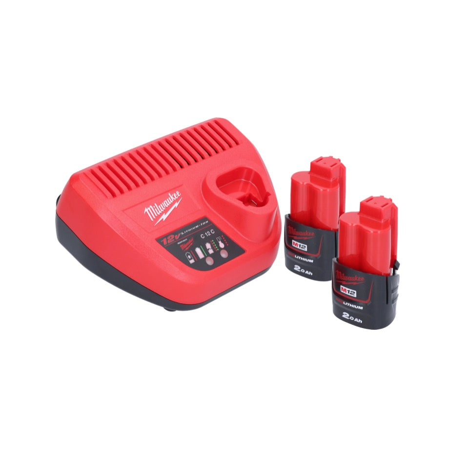 Appareil de nettoyage de tuyaux sur batterie Milwaukee M12 BDC8-202C 12 V + 2x batteries 2,0 Ah + chargeur + spirale + seau