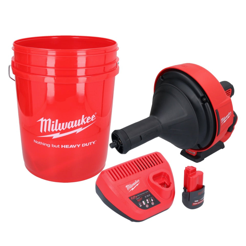 Appareil de nettoyage de tuyaux sur batterie Milwaukee M12 BDC8-251C 12 V + 1x batterie 2,5 Ah + chargeur + spirale + seau