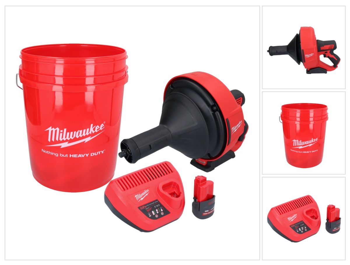 Appareil de nettoyage de tuyaux sur batterie Milwaukee M12 BDC8-251C 12 V + 1x batterie 2,5 Ah + chargeur + spirale + seau