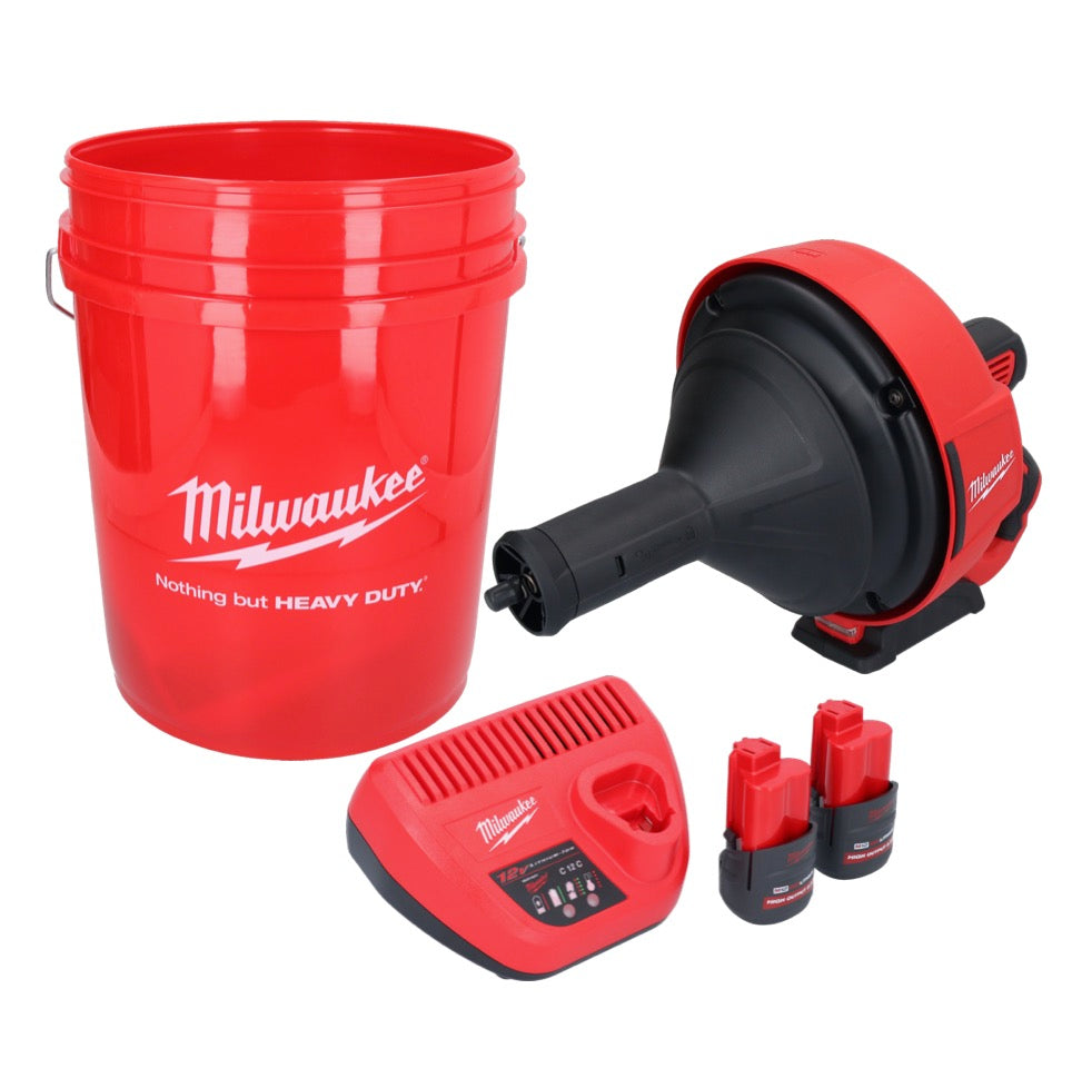 Appareil de nettoyage de tuyaux sur batterie Milwaukee M12 BDC8-252C 12 V + 2x batteries 2,5 Ah + chargeur + spirale + seau