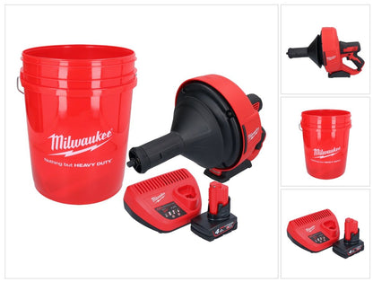 Appareil de nettoyage de tuyaux sur batterie Milwaukee M12 BDC8-401C 12 V + 1x batterie 4,0 Ah + chargeur + spirale + seau