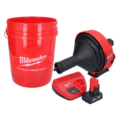 Appareil de nettoyage de tuyaux sur batterie Milwaukee M12 BDC8-401C 12 V + 1x batterie 4,0 Ah + chargeur + spirale + seau