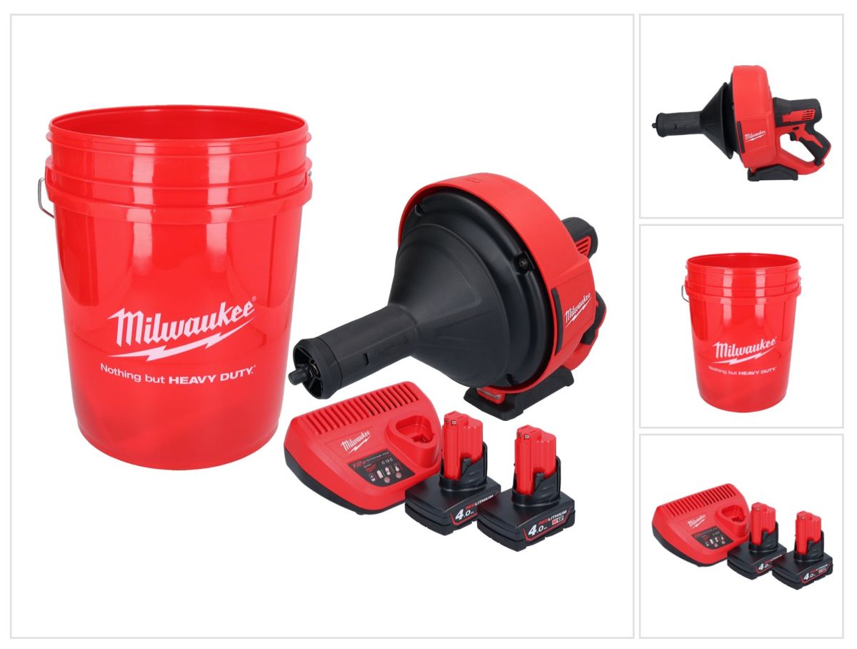 Milwaukee M12 BDC8-402C Akku Rohrreinigungsgerät 12 V + 2x Akku 4,0 Ah + Ladegerät + Spirale + Eimer