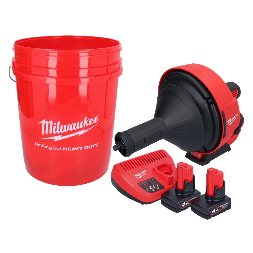 Appareil de nettoyage de tuyaux sur batterie Milwaukee M12 BDC8-402C 12 V + 2x batteries 4,0 Ah + chargeur + spirale + seau