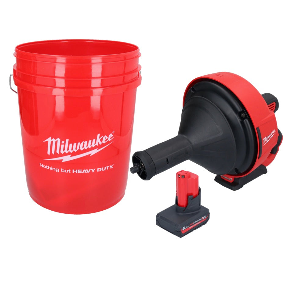 Milwaukee M12 BDC8-501C Akku Rohrreinigungsgerät 12 V + 1x Akku 5,0 Ah + Spirale + Eimer - ohne Ladegerät