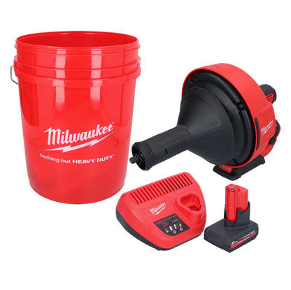 Appareil de nettoyage de tuyaux sur batterie Milwaukee M12 BDC8-501C 12 V + 1x batterie 5,0 Ah + chargeur + spirale + seau