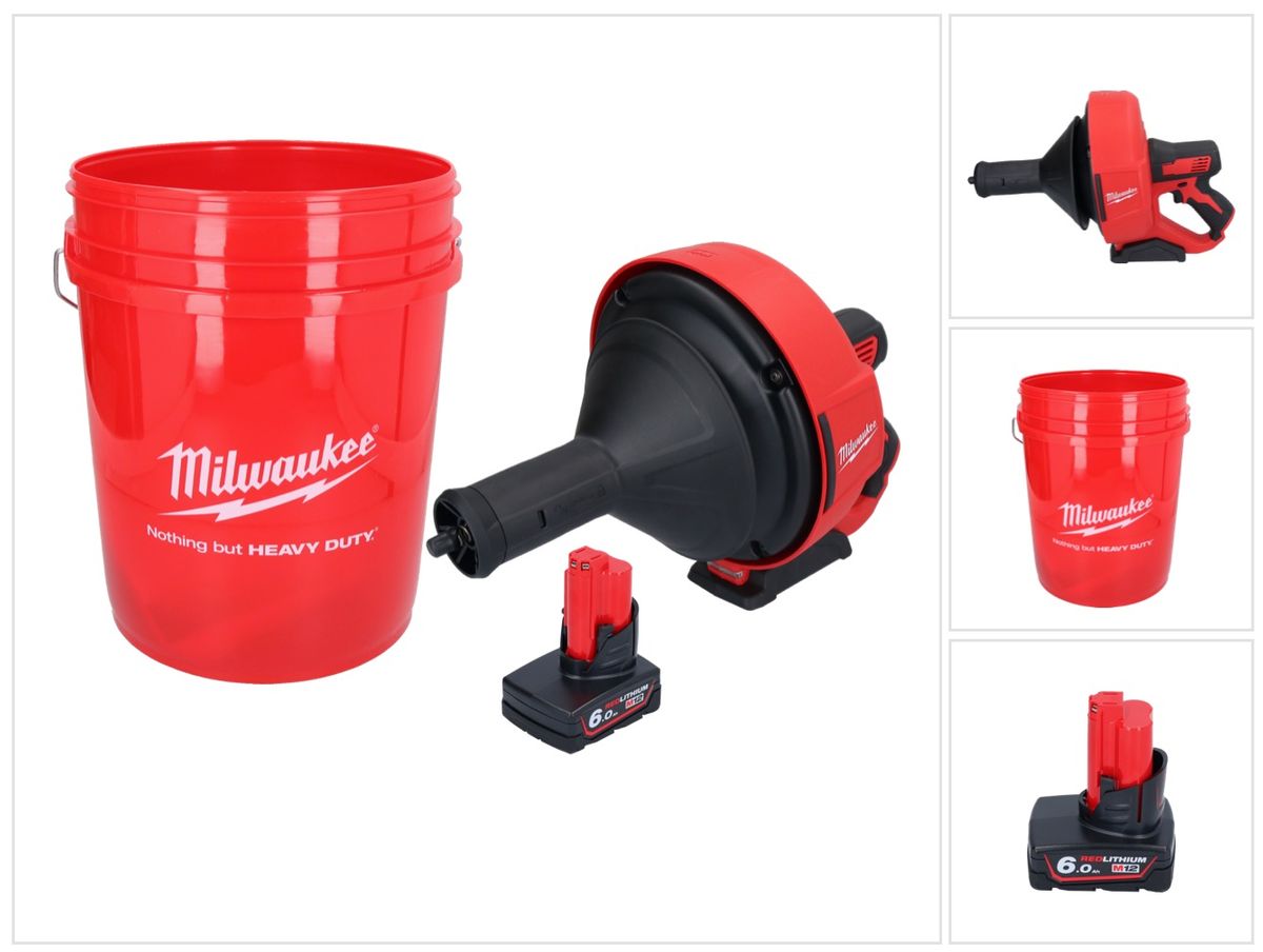 Appareil de nettoyage de tuyaux sur batterie Milwaukee M12 BDC8-601C 12 V + 1x batterie 6,0 Ah + spirale + seau - sans chargeur