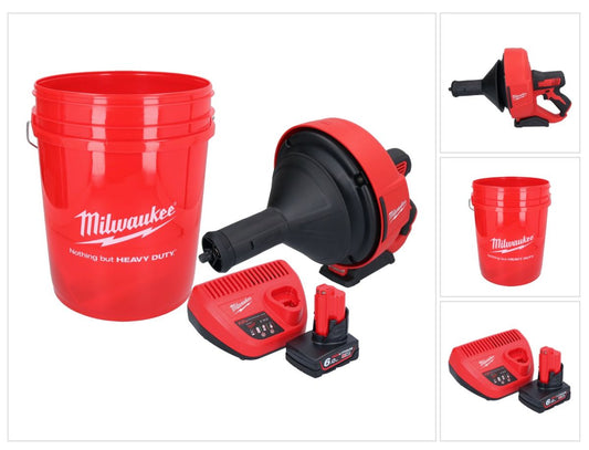 Appareil de nettoyage de tuyaux sur batterie Milwaukee M12 BDC8-601C 12 V + 1x batterie 6,0 Ah + chargeur + spirale + seau