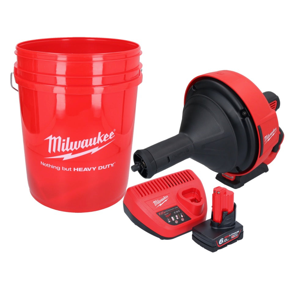 Appareil de nettoyage de tuyaux sur batterie Milwaukee M12 BDC8-601C 12 V + 1x batterie 6,0 Ah + chargeur + spirale + seau