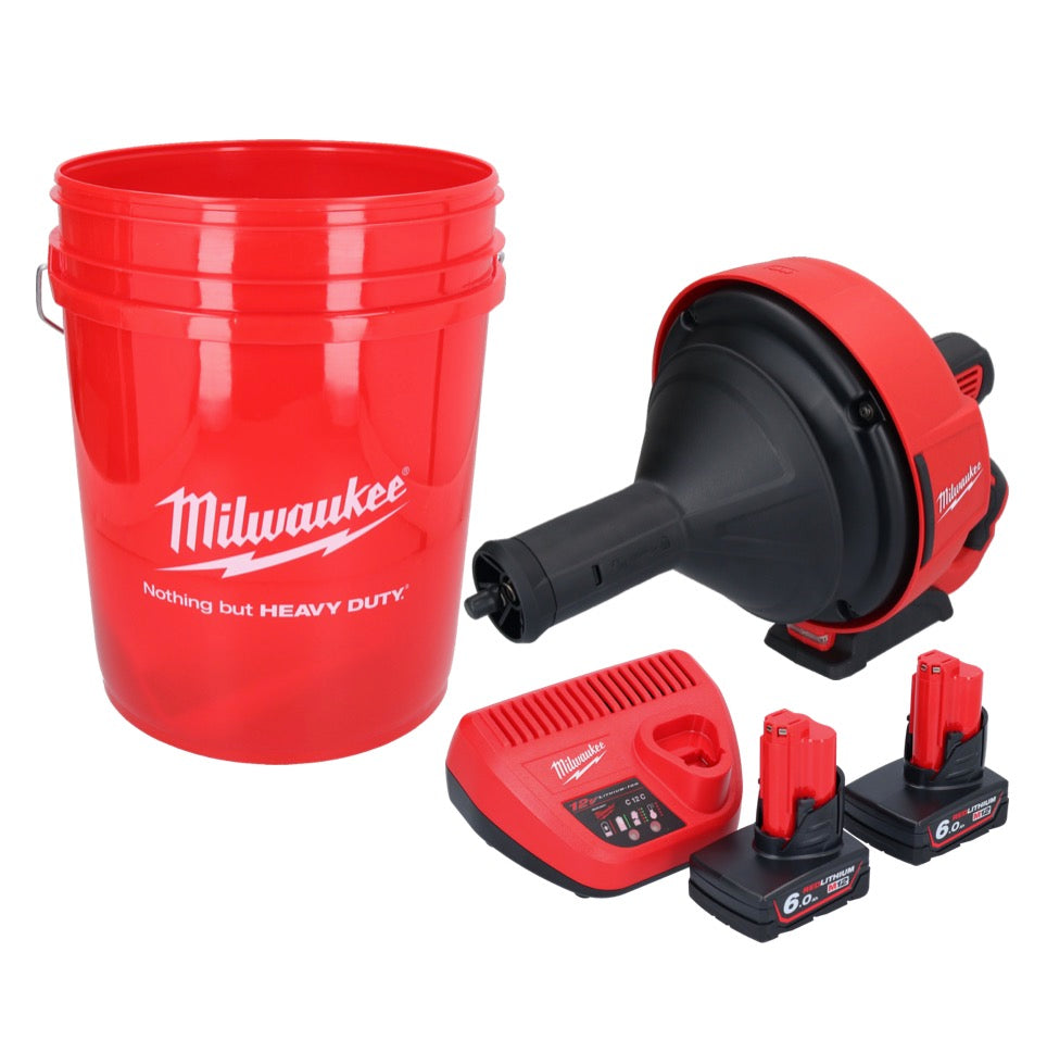 Appareil de nettoyage de tuyaux sur batterie Milwaukee M12 BDC8-602C 12 V + 2x batteries 6,0 Ah + chargeur + spirale + seau