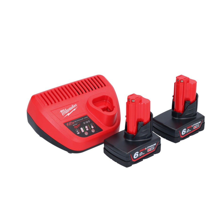 Appareil de nettoyage de tuyaux sur batterie Milwaukee M12 BDC8-602C 12 V + 2x batteries 6,0 Ah + chargeur + spirale + seau