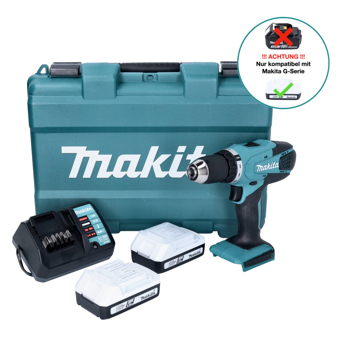 Makita DF 457 DWE Akku Bohrschrauber 18 V 42 Nm G-Serie + 2x Akku 1,5 Ah + Ladegerät + Koffer - Toolbrothers