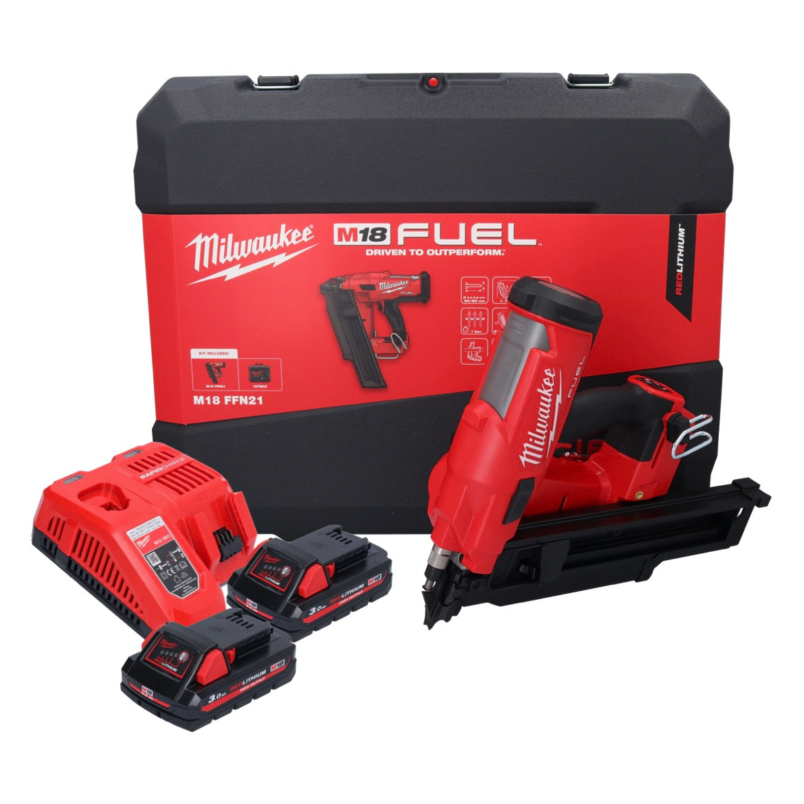 Cloueur à batterie Milwaukee M18 FFN21-302C 18 V 50 - 90 mm sans balais + 2x batteries 3,0 Ah + chargeur + coffret