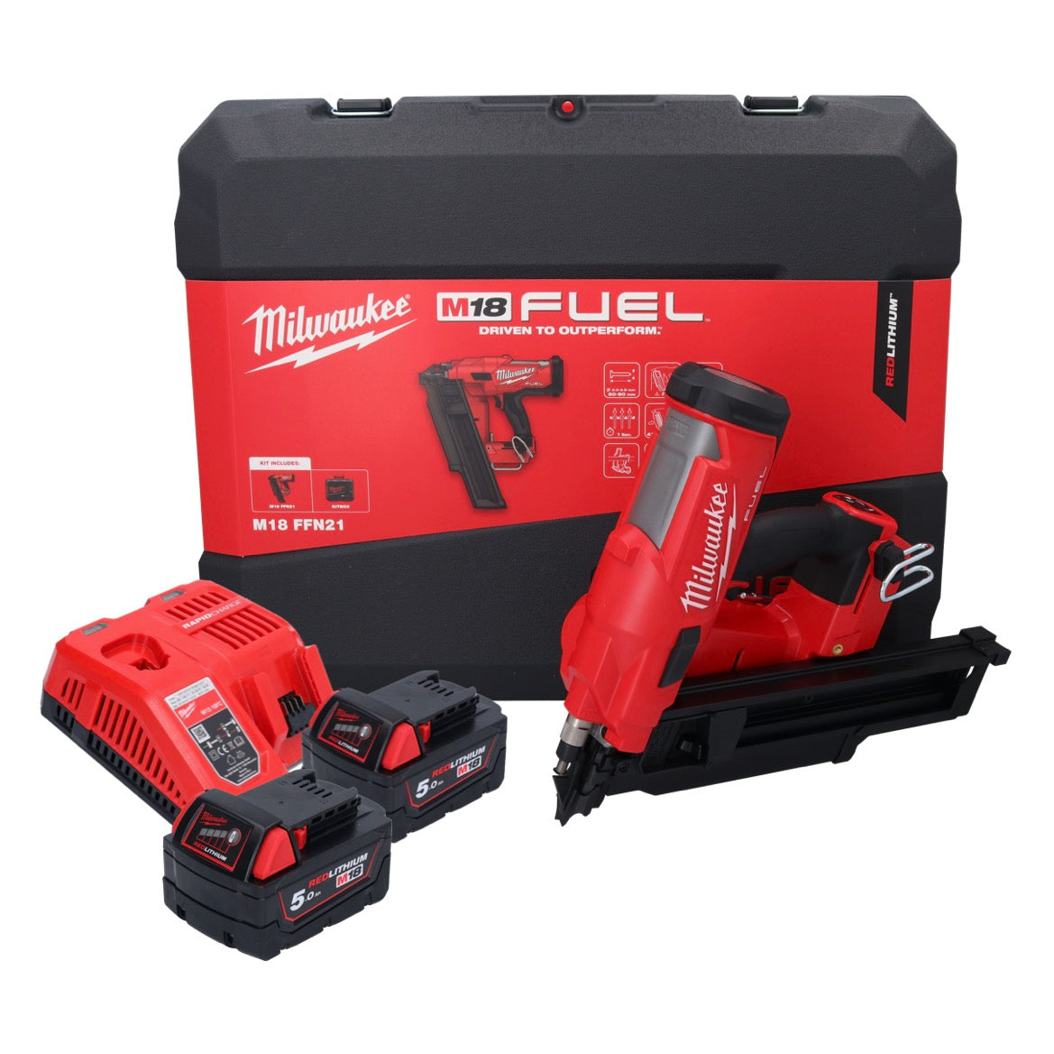 Cloueur à batterie Milwaukee M18 FFN21-502C 18 V 50 - 90 mm sans balais + 2x batteries 5,0 Ah + chargeur + coffret