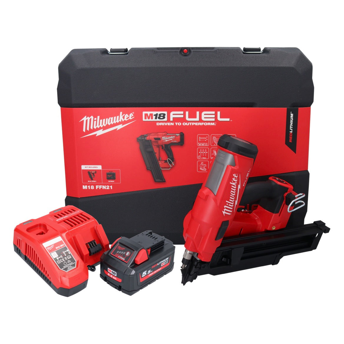 Cloueur à batterie Milwaukee M18 FFN21-551C 18 V 50 - 90 mm sans balais + 1x batterie 5,5 Ah + chargeur + coffret