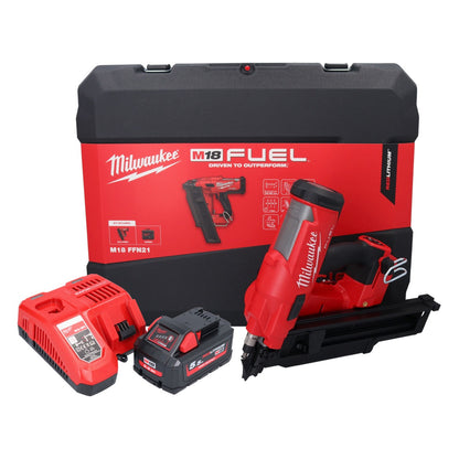 Cloueur à batterie Milwaukee M18 FFN21-551C 18 V 50 - 90 mm sans balais + 1x batterie 5,5 Ah + chargeur + coffret